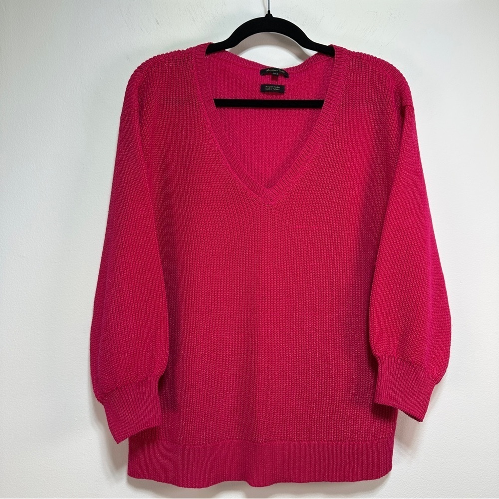 Massimo Dutti Metallic Pink V Neck Sweater M Hot Pink Balloon Sleeve